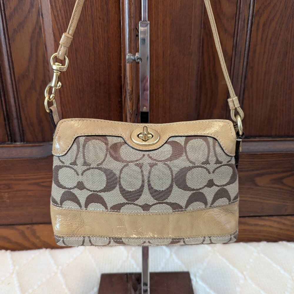Coach Signature Patent Stripe Turn Lock Tan/Brown Mini bag